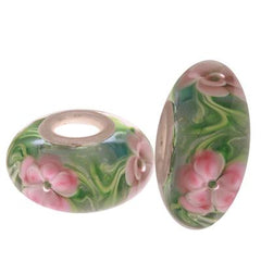 Designer Inspired Sterling Silver Core Green Swirl Kali Bead With Pink And Blue Flower Design Throughout. Add This Bead To Enhance Your Kali Bracelet.