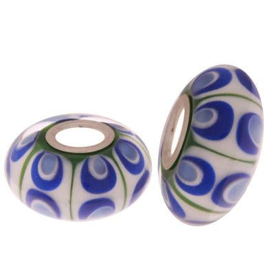 Designer Inspired Sterling Silver Core Kali Bead With Green And Blue Stripes With Blue Circle Design. Add This Bead To Enhance Your Kali Bracelet