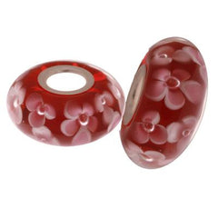 Designer Inspired Sterling Silver Core Red Kali Bead With Light Pink Flowers Throughout. Add This Bead To Enhance Your Kali Bracelet.