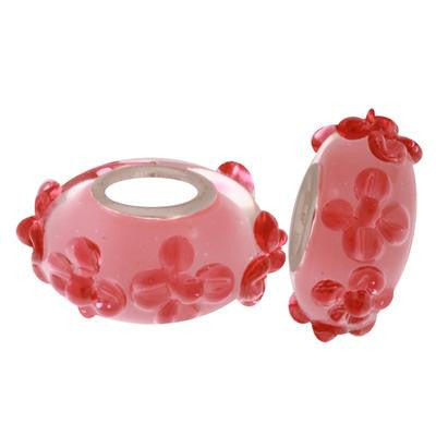 Designer Inspired Sterling Silver Core Pink Kali Bead With Raised Red Flowers. Add This Bead To Enhance Your Kali Bracelet.
