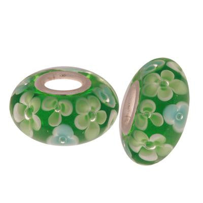 Designer Inspired Sterling Silver Core Green Kali Bead With Light Green And Light Blue Flower Design. Add This Bead To Your Own Kali Bracelet.