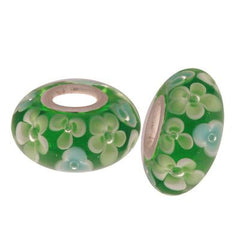 Designer Inspired Sterling Silver Core Green Kali Bead With Light Green And Light Blue Flower Design. Add This Bead To Your Own Kali Bracelet.