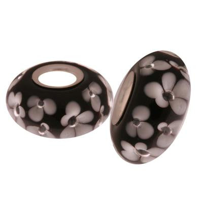 Designer Inspired Sterling Silver Core Black Kali Bead With White Flower Design. Add This Bead To Your Own Kali Bracelet.