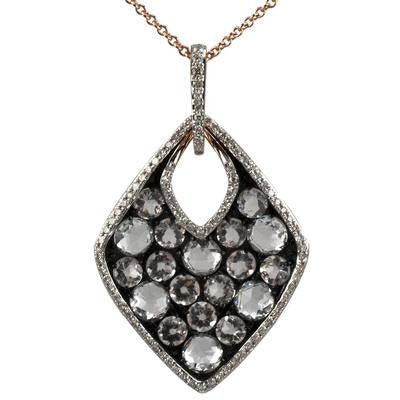 Stunning 14K Rose Gold Necklace With Teardrop Shape Two Tone Pendant In The Middle Of The Teardrop Are Round White Quartz And Diamonds Around The Teardrop