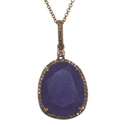 Classy 14K Rose Gold Necklace With Oval Shape Purple Jade Stone In The Center With Diamonds Around The Stone