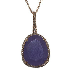 Classy 14K Rose Gold Necklace With Oval Shape Purple Jade Stone In The Center With Diamonds Around The Stone