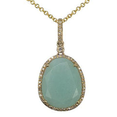 Stunning 14K Yellow Gold Necklace With Teardrop Shape Pendant With Amazonite Stone In The Center With Diamonds Around It