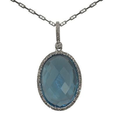 Dainty 14K White Gold Necklace With Oval Shape Pendant With Blue Topaz Stone Buff Top Of The Stone Smooth Back With Diamonds Around The Stone